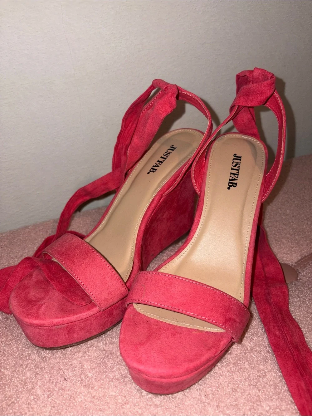 JustFab Coral Red Suede Platform Tie-Wrap Wedges